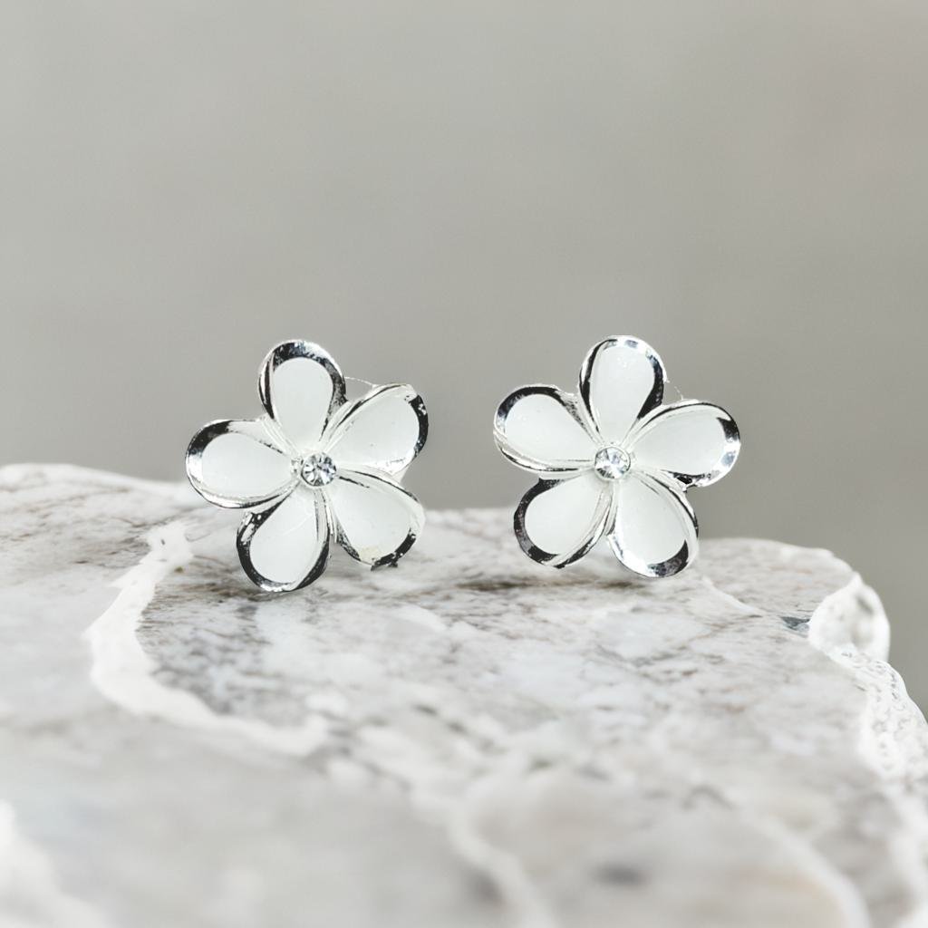 Silver Plumeria Cz Stud Earrings